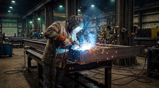 Industrial welder fabricating heavy steel frame inside a metal manufacturing workshop