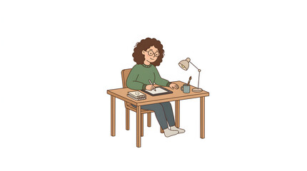 Fototapeta premium Young curly hair female student or freelance graphic designer drawing on a digital tablet at her wooden home desk workstation