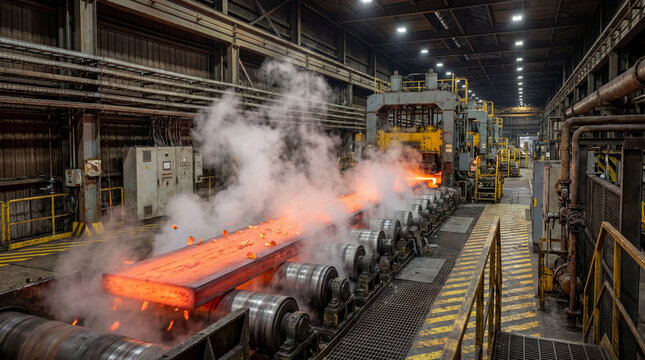 Red hot steel slab moving through a heavy industrial rolling mill