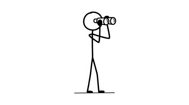 Minimalist stick figure looking through binoculars, hand drawn person searching for opportunities, simple line art character scouting the horizon