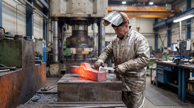 Forging technician measuring hot steel component after hydraulic press operation
