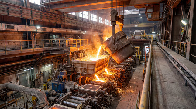 Overhead crane pouring molten metal into casting molds at an industrial foundry