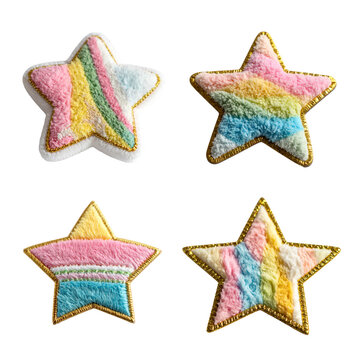 Close-up of four star-shaped fluffy chenille patches, isolated on transparent background. They feature diagonal stripes in pink, yellow, green and blue, with a gold glitter border. PNG file.