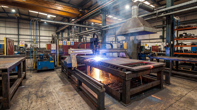 CNC plasma cutting machine processing thick steel plate inside an industrial fabrication workshop