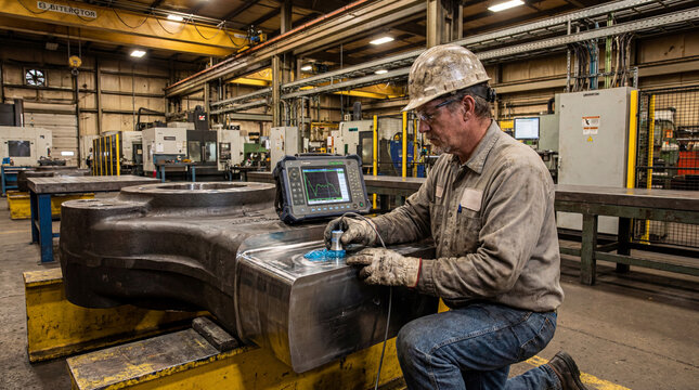 Industrial technician performing ultrasonic inspection on a large machined steel component