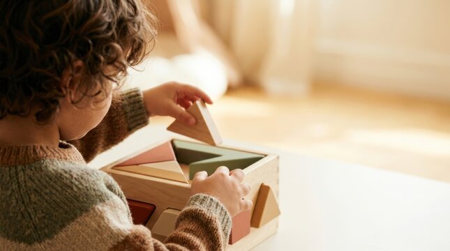 A child's hands sort wooden geometric shapes into a sorter box engaging in developmental play