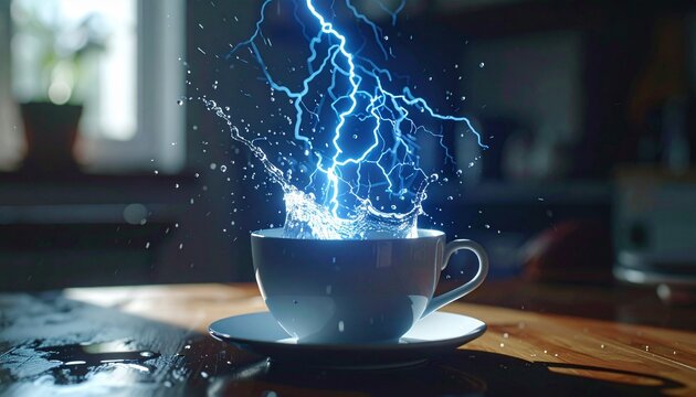 Electrifying Coffee - A Cup Charged with Lightning Energy and Dynamic Power.