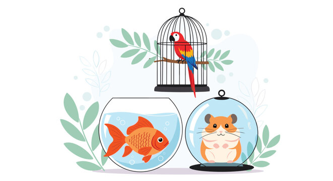 Collection of common domestic pets including colorful parrot in cage, goldfish in bowl, and hamster in ball with plant leaf decorations.