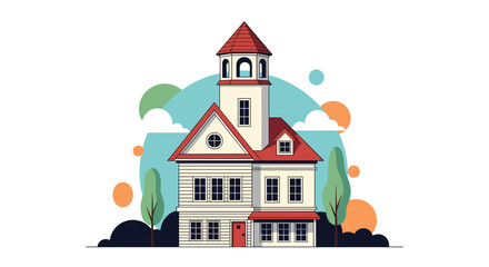 Fototapeta premium Charming illustration of a white two-story Victorian style house with a tower and a red roof set against a colorful abstract backdrop.