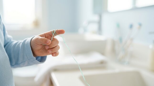 A person's hand is holding mint green dental floss wrapped around two fingers