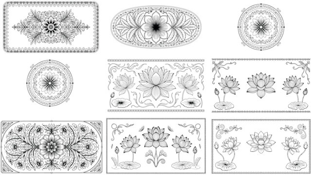 Elegant lotus flower designs, featuring intricate frames and decorative patterns, hand drawn illustrations of water lilies and floral arrangements.