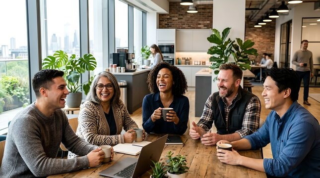 Diverse group of adults laughing together at office table