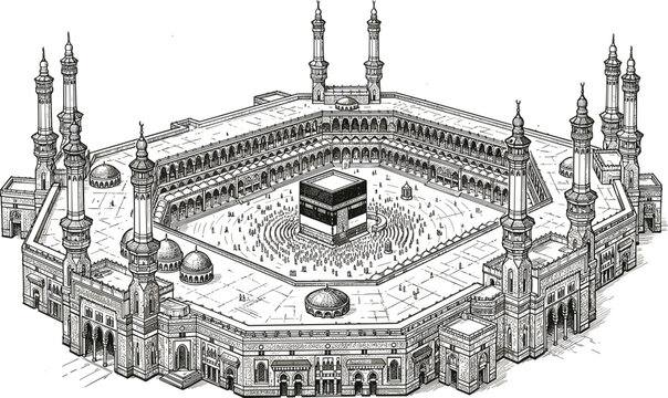 Kaaba in Mecca Masjid al Haram Islamic holy site detailed vector illustration architectural drawing for Ramadan or Hajj