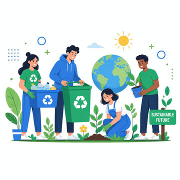 People Recycling and Planting for a Sustainable Future