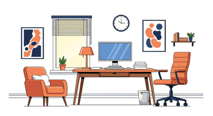 Fototapeta premium Neat and modern home office interior featuring a wooden desk with a computer, an ergonomic orange chair, and various decorations.