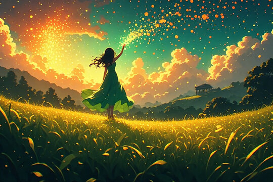 Woman Releasing Starlight in a Magical Field at Sunset