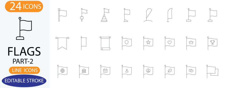 Navigation flags and medieval pennant line icons. Vector beach banner, golf flag, and trophy symbols with editable stroke.