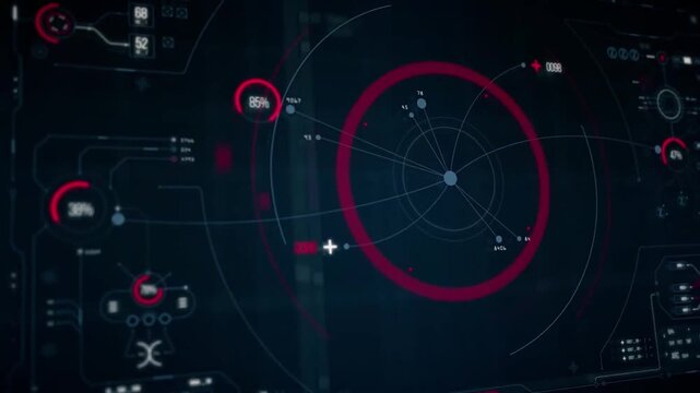 Futuristic cyber security interface with radar screen and data tracking, sci-fi military control dashboard overlay with telemetry digital graphs, 4k.