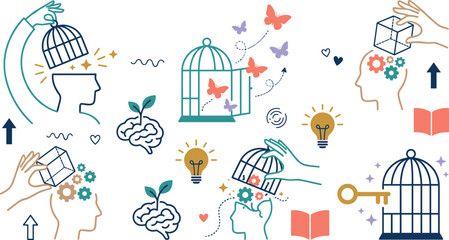 Fototapeta premium Growth Mindset and Mental Freedom Vector Set with Open Cages Butterflies Brains and Creative Ideas