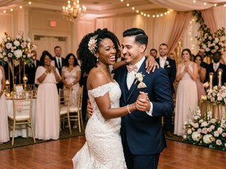 Joyful newlyweds share their first dance surrounded by loved ones at a wedding reception
