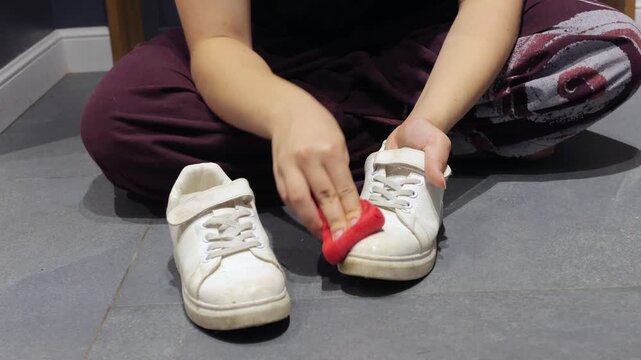 A person cleans a dirty white sneaker with a red sponge on a gray tiled floor.