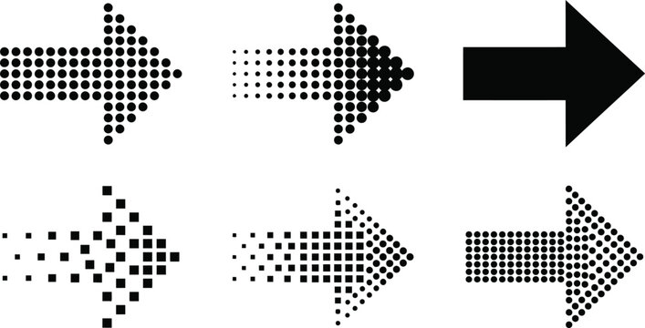 Arrow variations dot matrix halftone and solid black designs