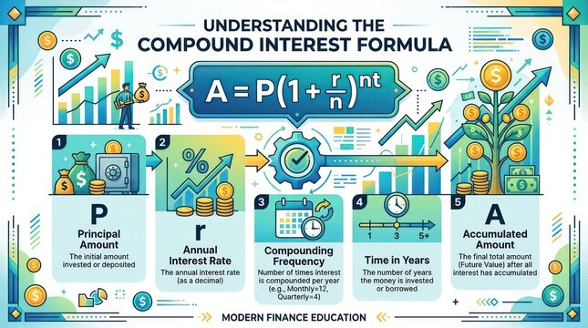 Educational infographic explaining compound interest formula for financial literacy growth.