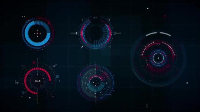 Futuristic HUD Circular Interface Pack with Neon Target Radar, Digital Loading Circles, Sci-Fi Cyber Elements on Grid Background Loop