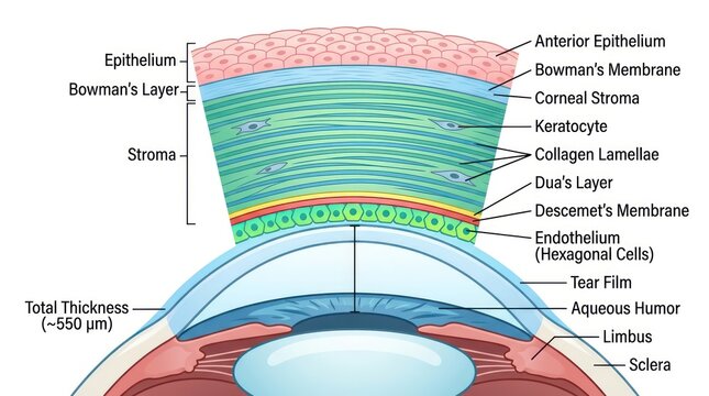 Cross section of human cornea anatomy showing epithelial and stromal layers.