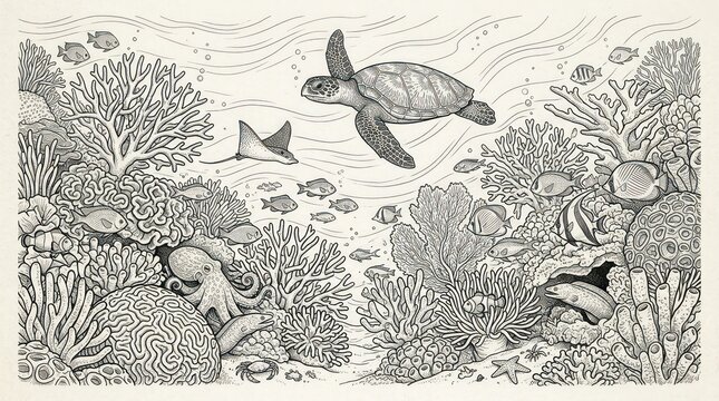 Detailed illustration of vibrant coral reef ecosystem teeming with marine life.