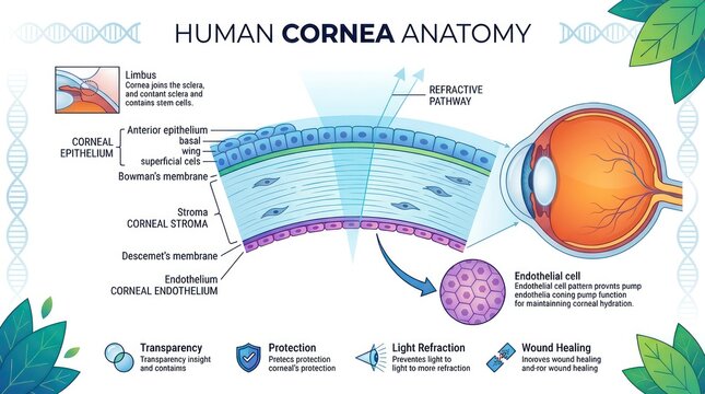 Human cornea structure and function diagram with refractive pathway explained.