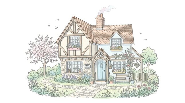 Half timbered happy cottage house illustration with cherry blossom tree and flower beds.
