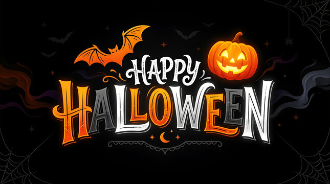 Orange pumpkin and bat with happy Halloween text on black background image