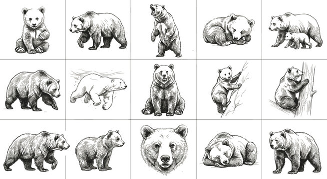 Hand drawn grizzly and polar bear icon set with cub climbing swimming sleeping and walking sketch vector illustration