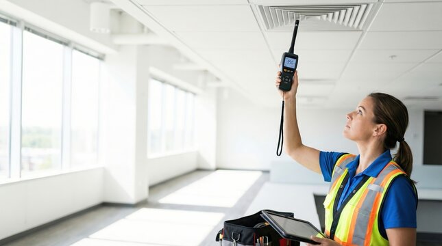 Female HVAC technician measuring air quality in modern office building