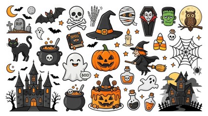 Fototapeta premium Halloween themed cartoon stickers and icons set