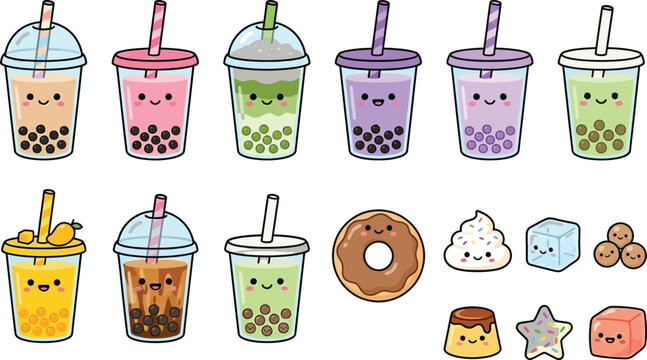 Cute boba tea vector set with various flavors and toppings in a flat modern graphic style