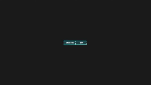 Futuristic HUD loading bar animation screen status from 0 to 100 percent with loading items text overlay on black background, digital tech concept.
