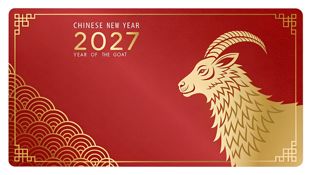 Chinese New Year 2027 Year of the Goat greeting card with golden goat head on red background with gold accents and ornate design  cultural festive symbol transparent background