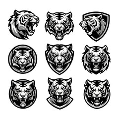 Obraz premium Tiger Head Emblems, Roaring Feline Faces, Fierce Wildlife Logos, Graphic Animal Designs