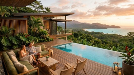 Naklejka premium Couple enjoys sunset drinks by infinity pool overlooking tropical coastline