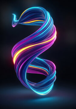Abstract glowing neon spiral light trail on dark background
