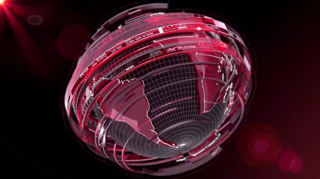 Futuristic Red Digital Earth Globe Rotation with Global News Broadcast Interface in 4K