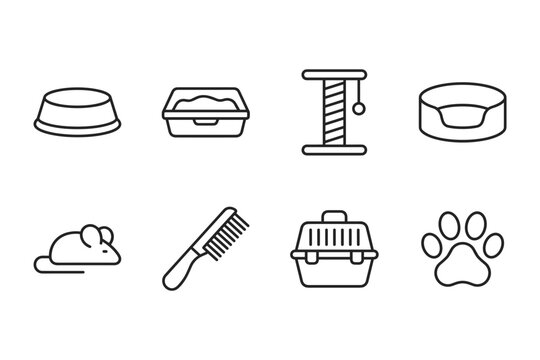 Collection of pet care icons including food bowl, litter box, scratching post, and carrier