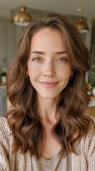 Fototapeta premium Portrait of a smiling young woman with wavy hair in natural lighting