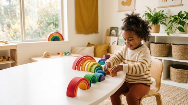 Joyful toddler girl playing with colorful wooden rainbow stacking toys at table