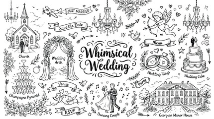 Fototapeta premium line art Whimsical Wedding - handdrawn illustration set for a magical wedding design.eps