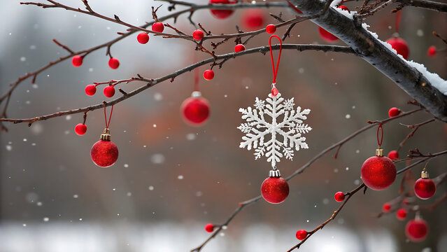Christmas tree branch with red balls and snowflake ornament hanging in snowy winter scene with blurred background transparent background