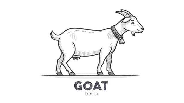 Goat standing on ground with horns and collar and bell around neck in farm setting transparent background