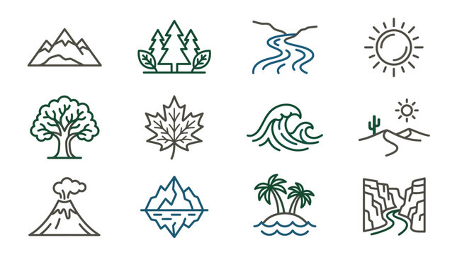 Nature Icons Set: Mountains, Forest, River, Sun, Tree, Leaf, Wave, Desert, Volcano, Iceberg, Island, Canyon